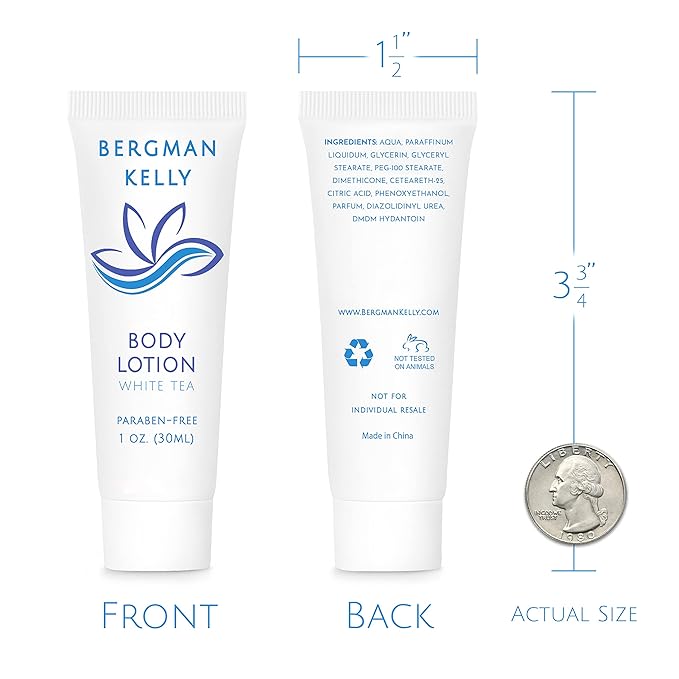 BERGMAN KELLY - Travel Size Lotion - 1 fl oz, 50 PK, White Tea - Delight Your Guests with Invigorating and Refreshing Body Lotion - Quality Mini and Small Size Guest Hotel Toiletries in Bulk