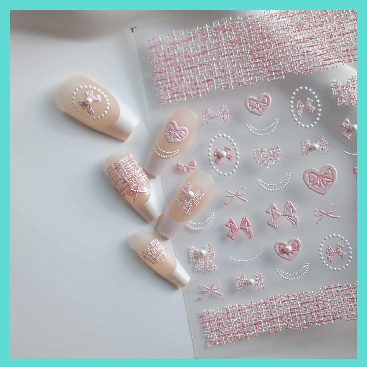 Pink Bow Nail Art Stickers, Embossed Elegant Cute Design, Pearl, Nail Accessories & Supplies, Durable & Long-Lasting