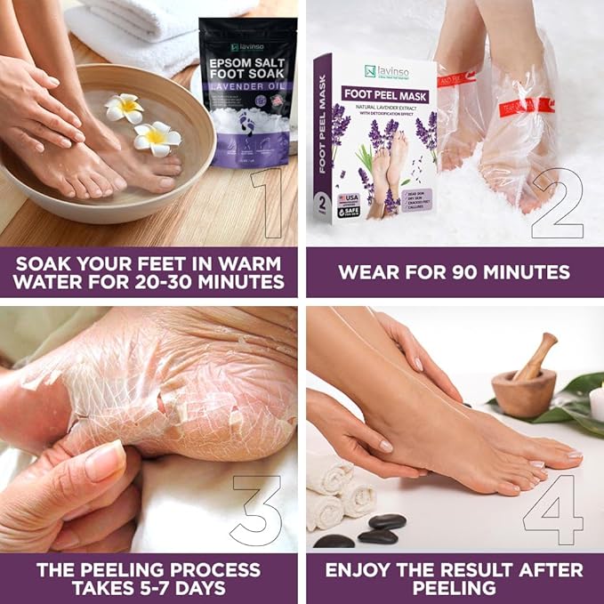 Lavinso Lavender Foot Exfoliator Peeling Mask for Dry Cracked Feet - 4 Pack - Remove Dead Skin and Callus - Foot Peel Mask for Baby Soft Feet
