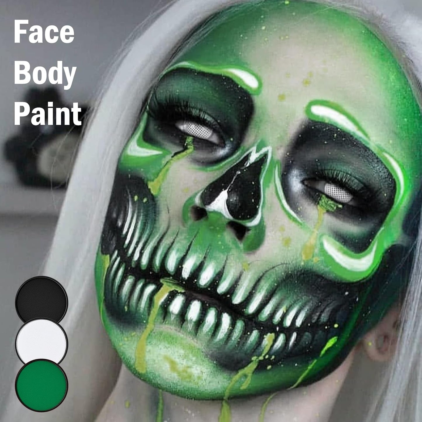 White Black Green Foundation Face Body Paint, Halloween Makeup Face Painting Kit with Painting Brushes and Makeup Sponge for Kids & Adults Grinch Zombie Witch Alien SFX Cosplay Party-30g