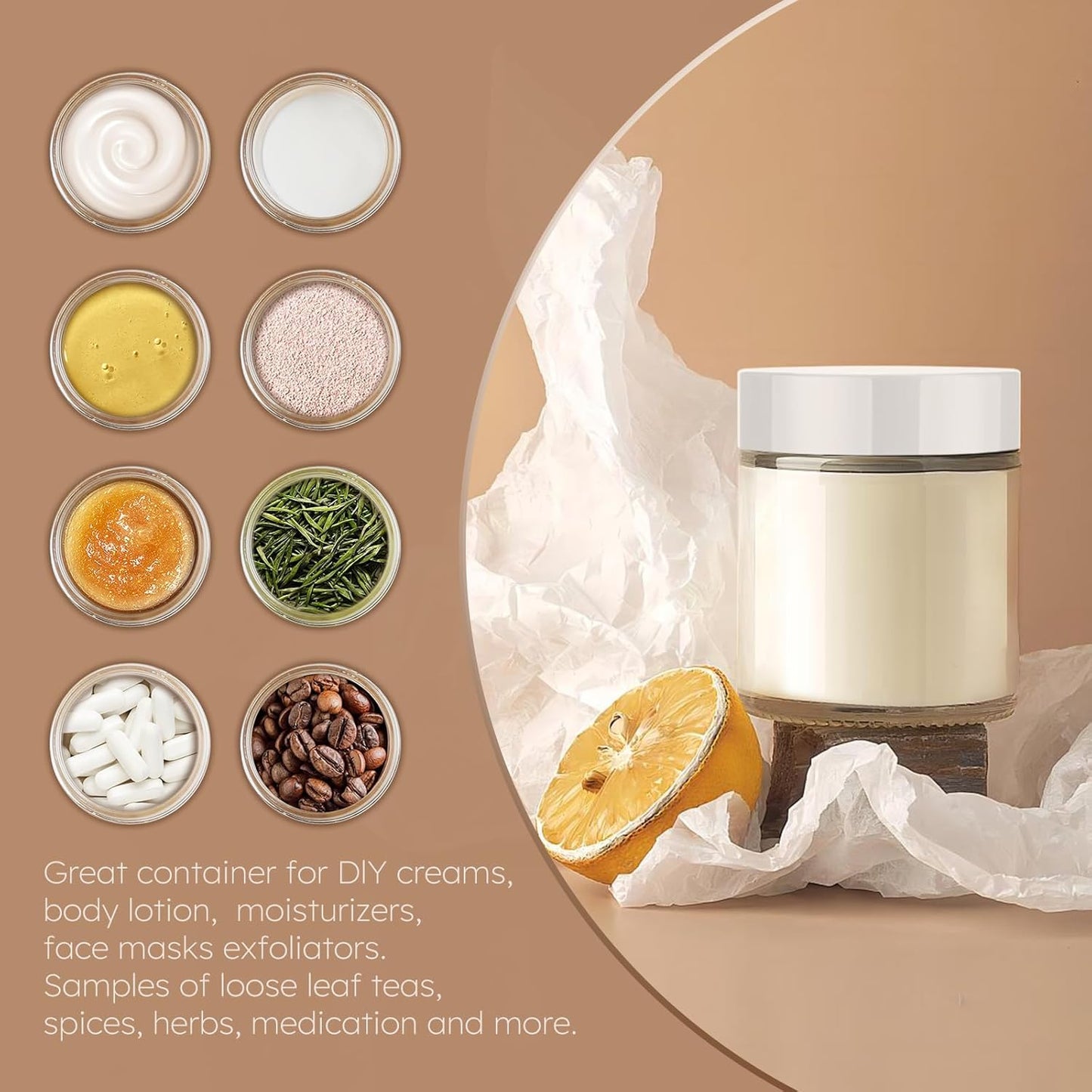 Tecohouse 4 oz Glass Jars with Lids, 48 Pack Clear Cream Canning Mason Jars with Lids, White Labels & Inner Liners, Empty Airtight Round Clear Slime Containers for Spice, Lotion, Ointments