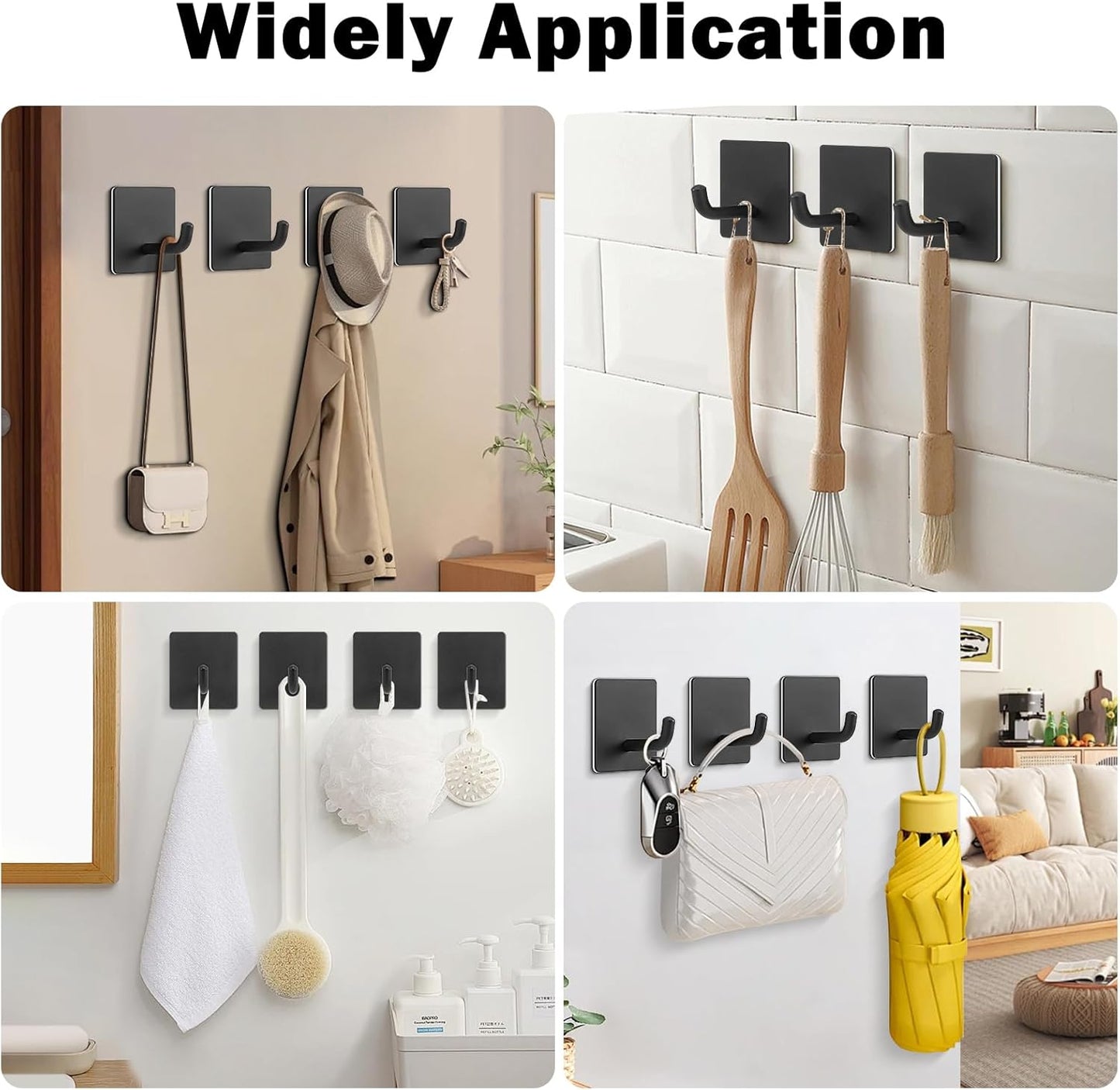 Livabber Adhesive Towel Hooks, 304 Stainless Steel Self Sticky Wall Hooks Waterproof Shower Hooks for Robe/Clothes, No Drilling Towel Hangers for Bathroom Kitchen Bedroom (Black, 6 Packs)