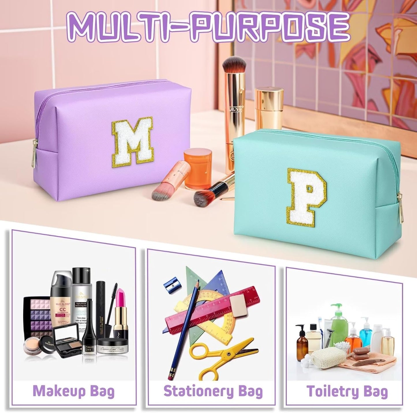 TOPEAST Preppy Stuff Cute Makeup Bag Small Cosmetic Bag Travel Toiletry Bag, Personalized Birthday Wedding Gifts for Mom Teacher Friends Bridesmaids, Preppy Travel Stuff for Girls (Purple N)