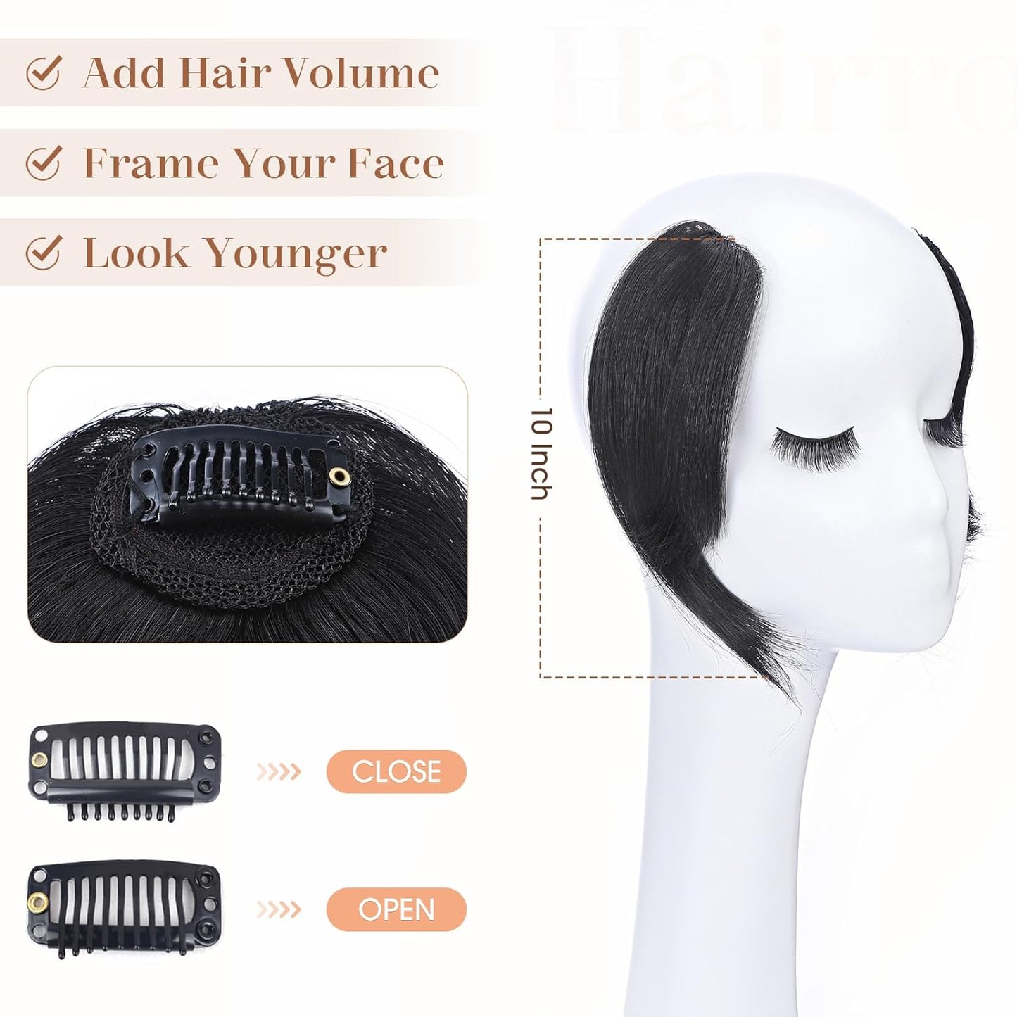 Hairro Clip in Wave Side Bangs Extensions, 100% Human Hair 2 PCS Clip on Middle Part French Bangs Thin Sides Swept Fringe Hairpieces