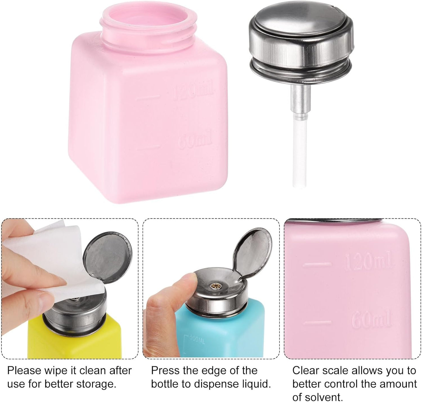 HARFINGTON 4PCS 120ML(4oz) Push Down Alcohol Dispenser Pump Liquid Press Empty Bottles Refillable Container for Acetone Cleanser Nail Polish Remover, Pink