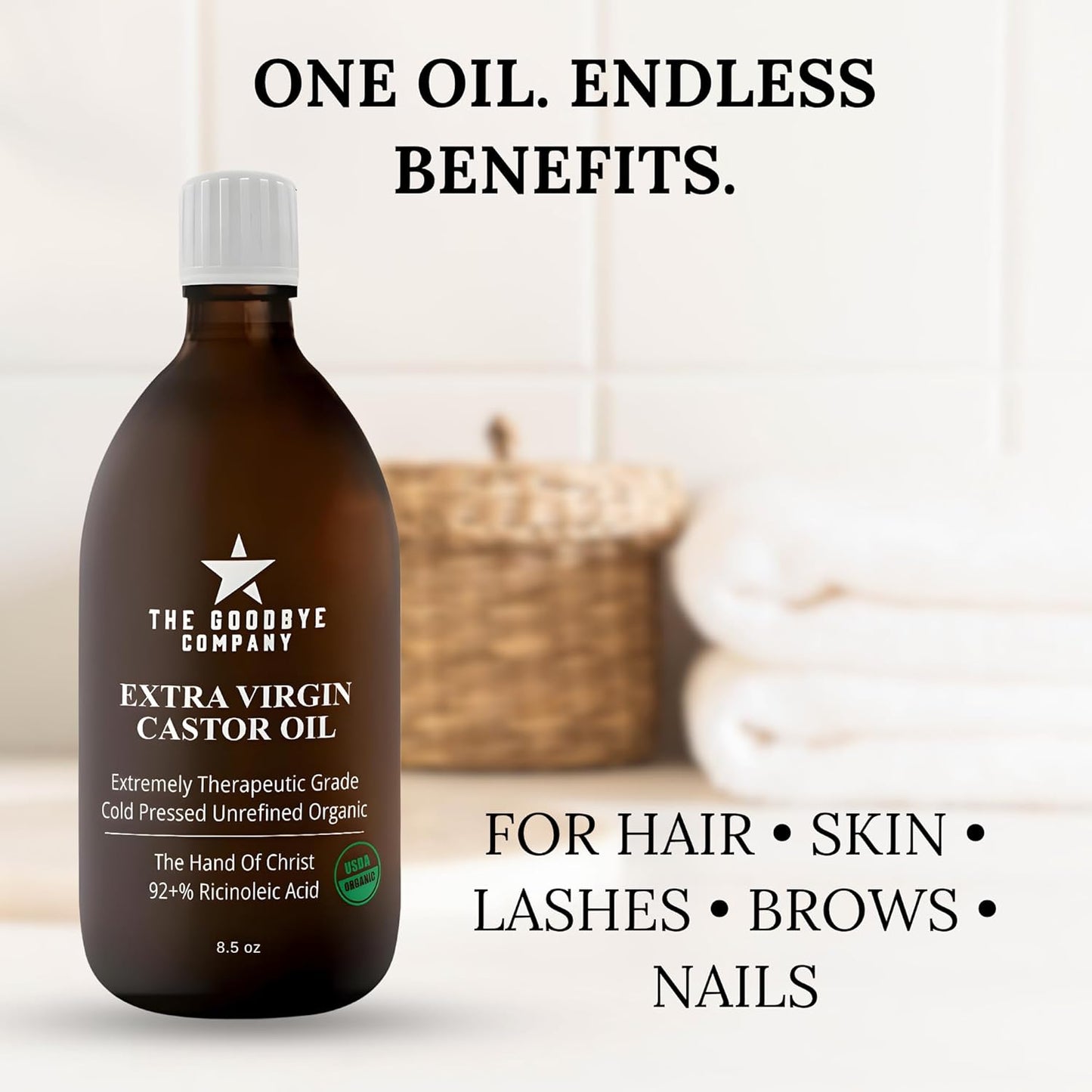 The Goodbye Company Organic Cold-Pressed Castor Oil - 8.5 oz Glass Bottle, Hexane-Free, Extra Virgin, Small Batch Family Farm Ethically Sourced for Hair Growth, Skin Care, Lashes, Brows & Castor Oil
