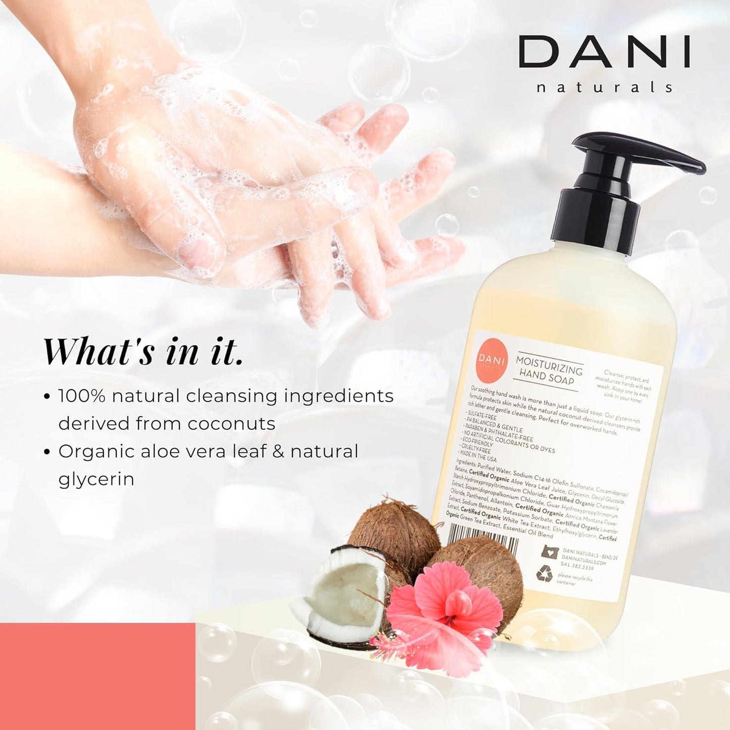 DANI Naturals Moisturizing Hand Soap – Coconut Hibiscus Scent, Hydrating, Sulfate-Free & Paraben-Free, 12 Oz Bottle with Pump, Gentle Cleansing for Dry Skin