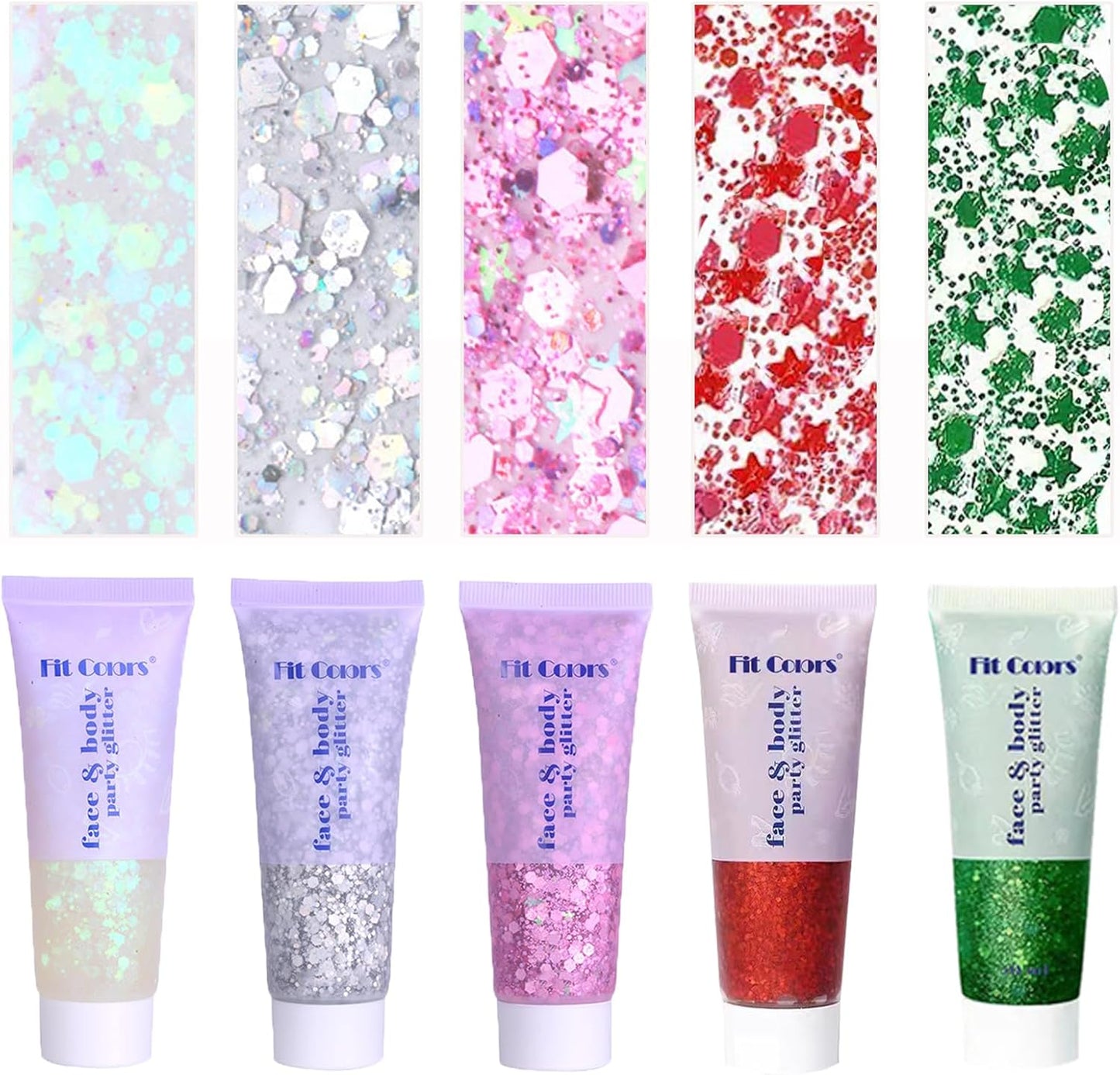 Face Body Glitter, Hair Glitter Sparkles Chunky Face Glitter Gel for Girls Makeup Singer Concerts Mermaid Festival Sequins Face Paint (White+Silver+Pink+Red+Green)