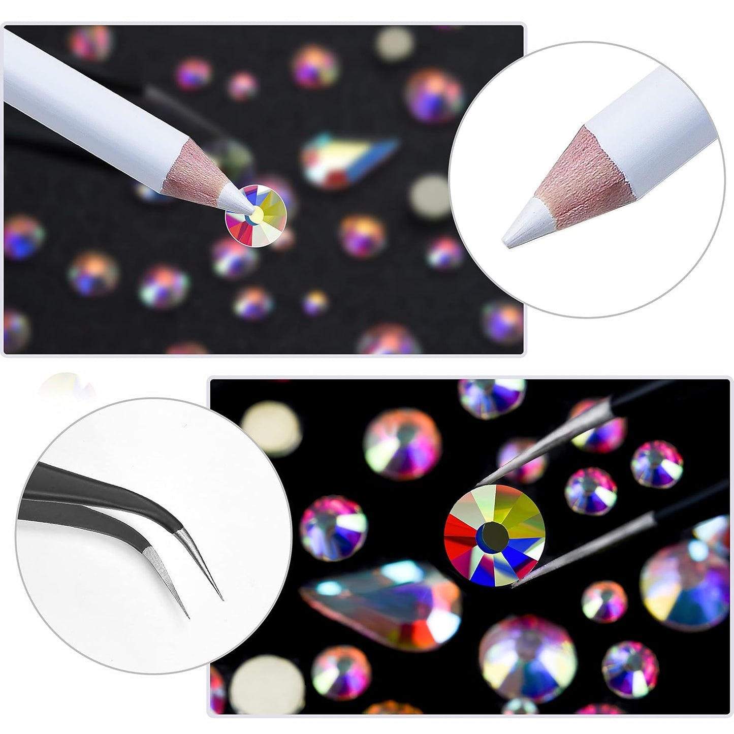 HUETFAT 2400 Pieces Flat Back Gems Round Crystal AB Rhinestones 6 Sizes (1.9-4.5 mm) with Storage Organizer Box Wax Pencil Tweezers for Nail Art Clothes Shoes Bags Crafts DIY （Crystal AB）