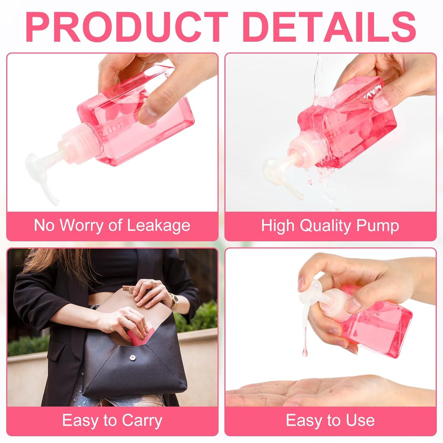 Domensi 12 Pcs 100ml /3.4 oz Pump Bottle Mini Travel Bottles Small Dispenser Containers Plastic Pump Lotion Dispenser Empty Square Travel Size Containers Toiletries (Transparent Pink)