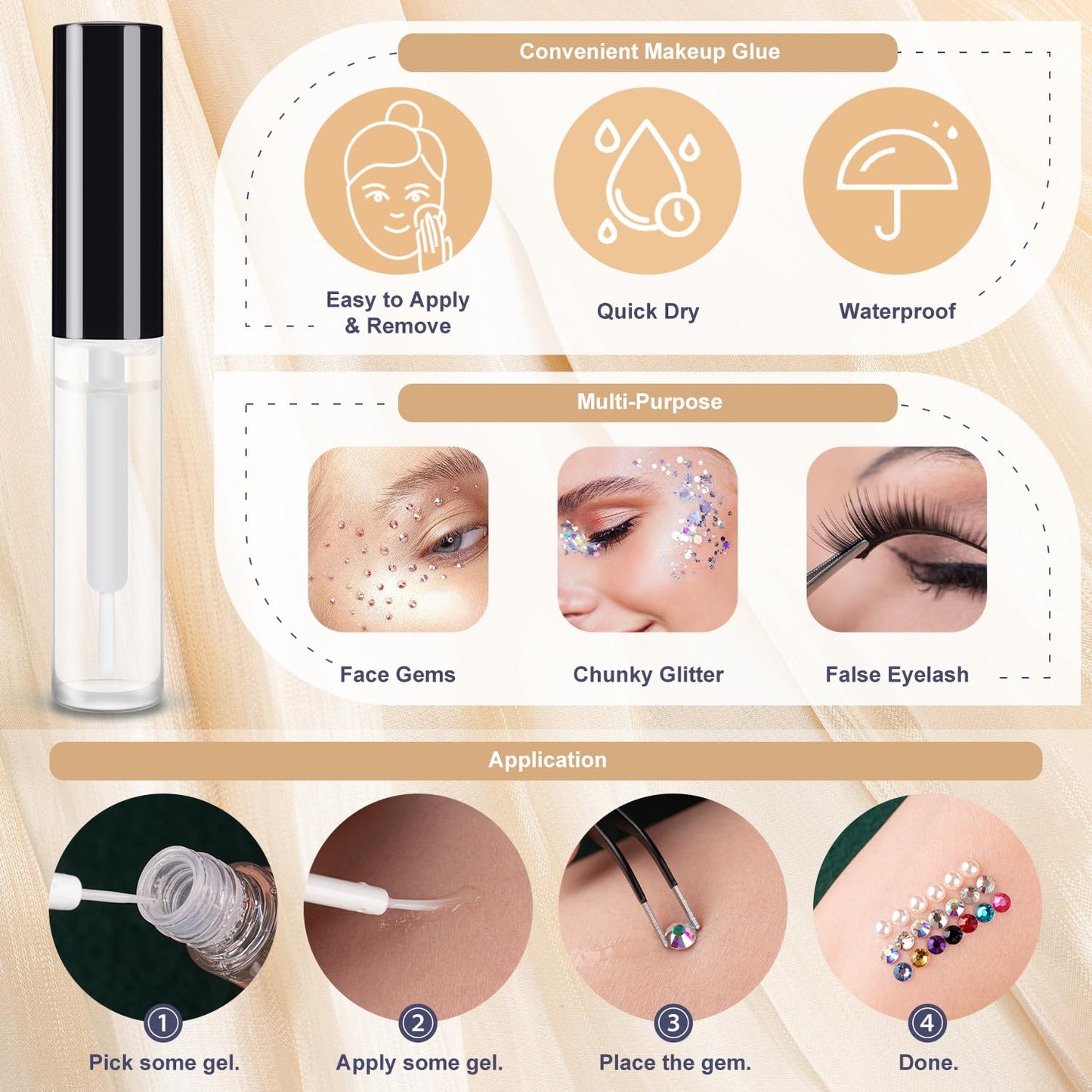 Colorful Face Gems for Makeup Set, Flatback Gorgeous AB&Clear Gems, Mixed-Colored Crystals with Tweezer+Picker Pencil+Makeup Glue+Dual-End Dotting Tool for Eye Hair Body Make-up and Nail Art Deco