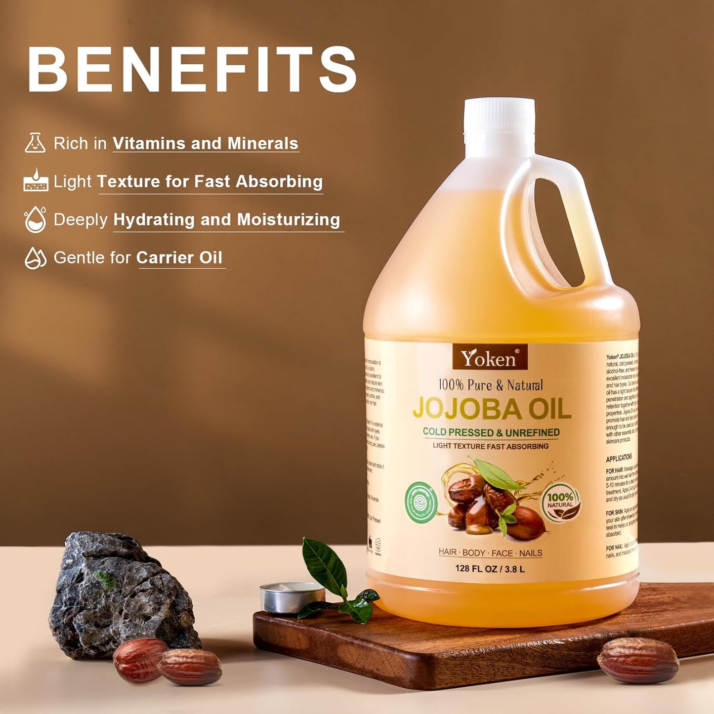 1 Gallon Jojoba Oil EWG Verified - 100% Pure Jojoba Oils Bulk Cold Pressed Unrefined Hexane Free Virgin Golden jojoba Carrier Oil for Hair Skin Massage DIY Natural Body Moisturizer