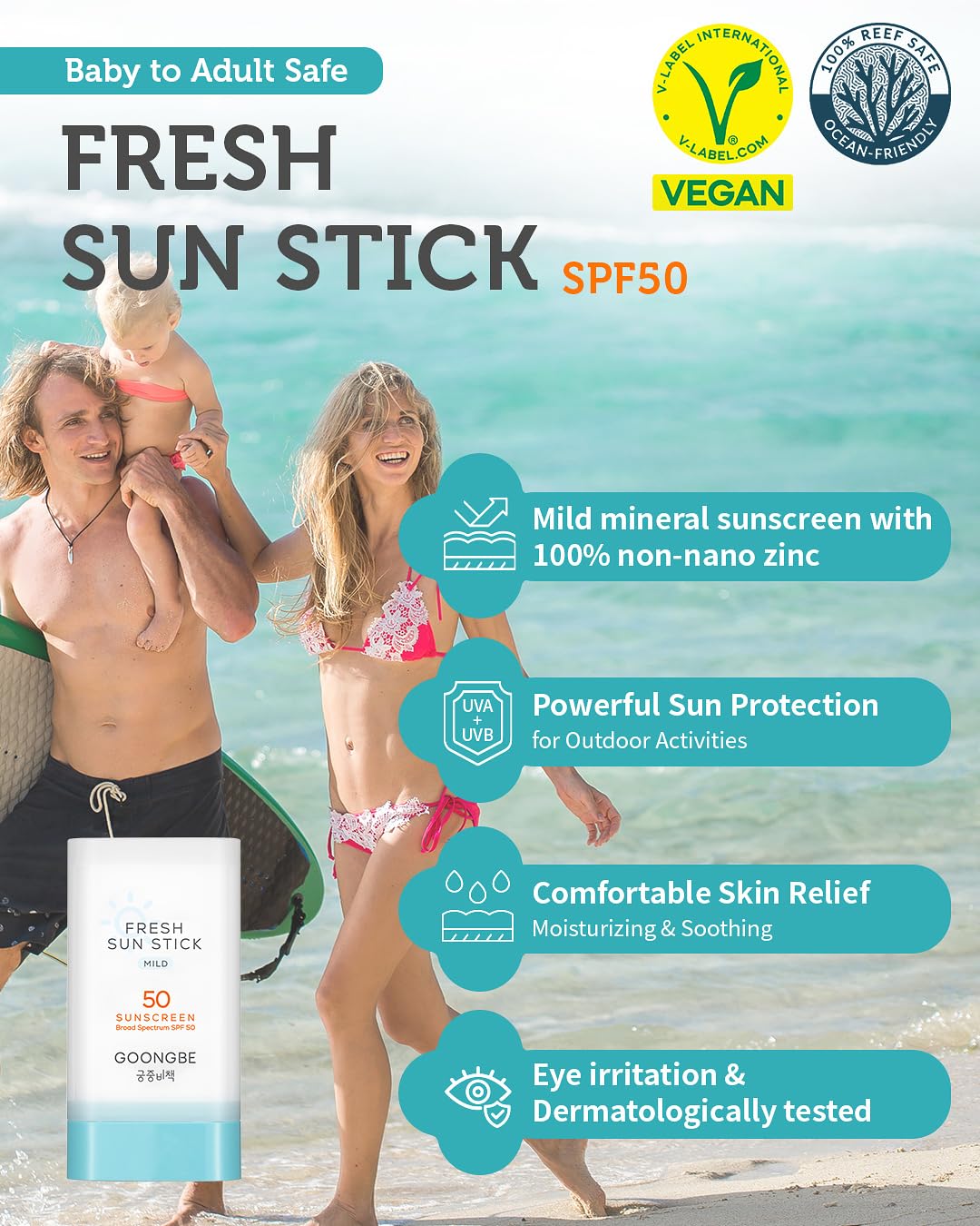 GOONGBE Sun Lotion SPF 40 & Sun Stick SPF 50-100% Zinc Oxide Mineral Sunscreen - No White Cast - Vegan Reef-Safe for Babies Kids Adults - Korean Skincare, 2.82oz & 0.49oz