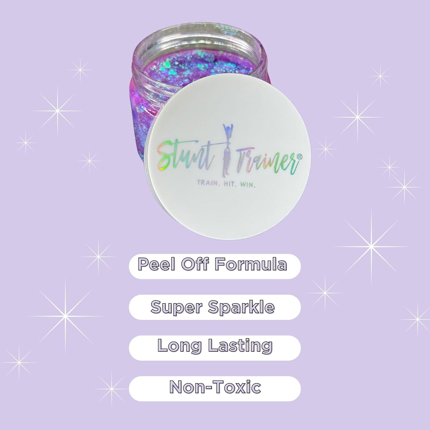 Stunt Trainer Cheer Glitter Face Body Makeup Peel Off Gel Chunky Holographic 15 Colors 1.6oz Vegan Cruelty Free Nontoxic Cheerleader Cheerleading Makeup