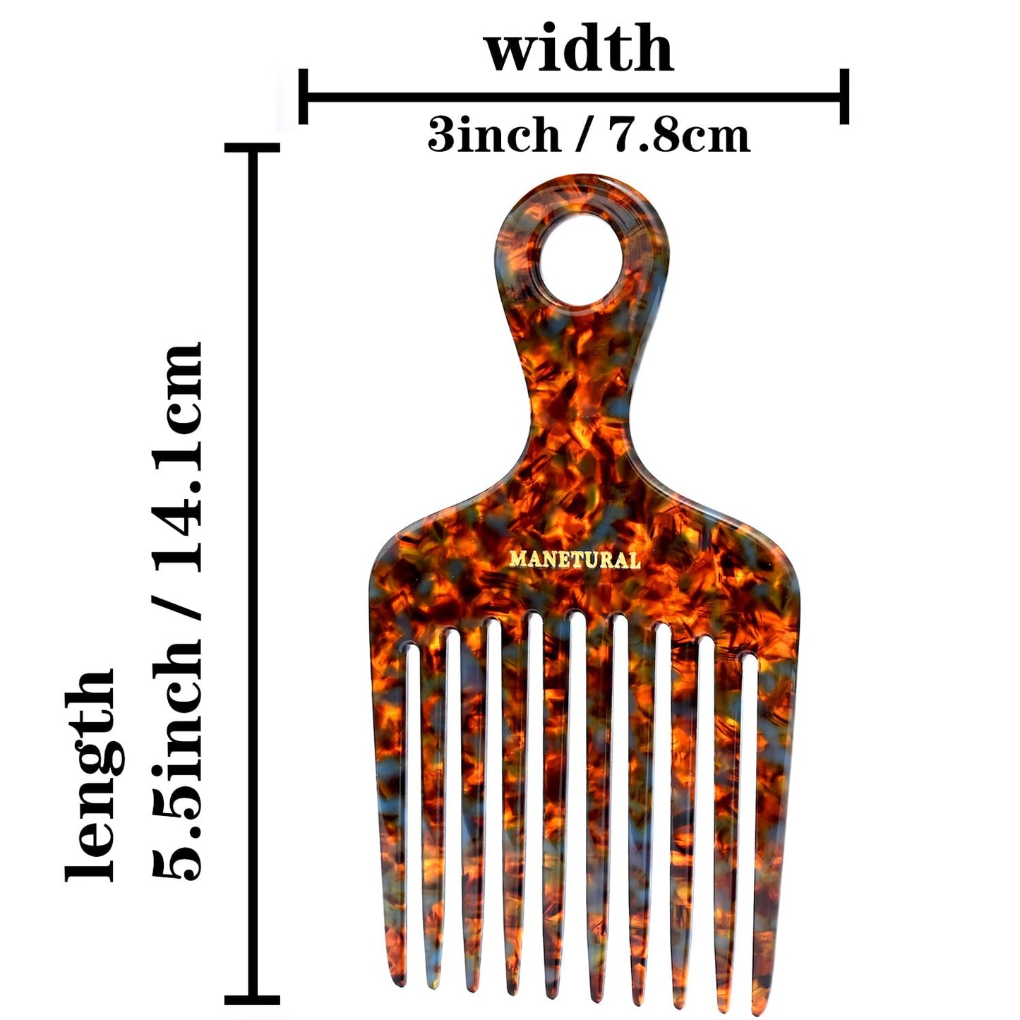 14N Long Tooth Comb, 2 PACK, Tortoise A, Cellulose Acetate, Hair Pick for Wavy, Kinky, Curly, Afro Hair - Women, Kids & Men's Beard, Handmade Saw Cut Hand Polished