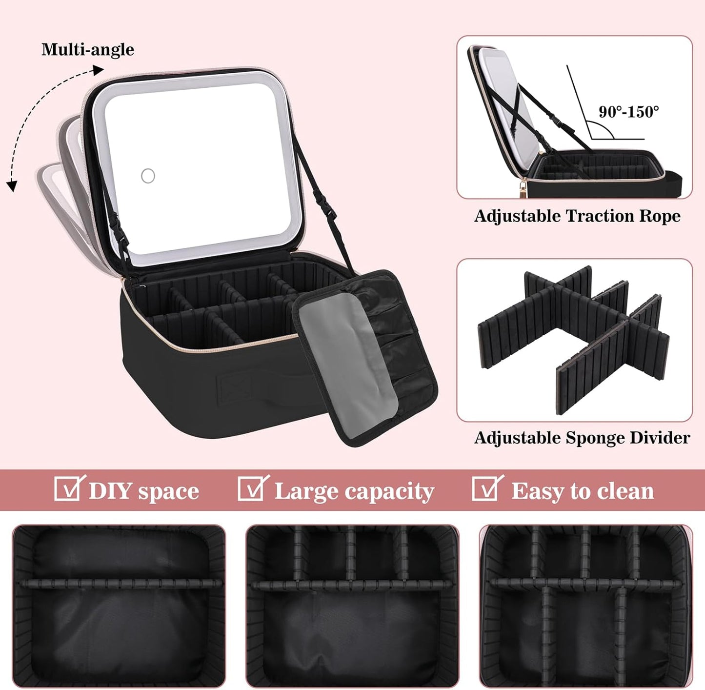 Makeup Case with LED Mirror,Makeup Organizer Bag Travel Makeup Case Large Makeup Bag With Rechargeable Mirror 3 Color Lights Detachable Mirror for Women Beauty Tools Accessories（Black）