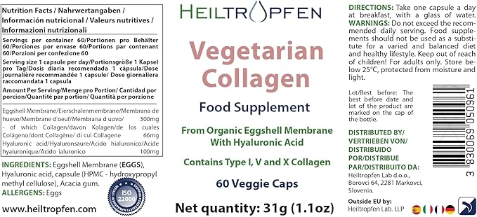Collagen Vegetarian caps | from Organic Eggshell Membrane | Type 1, 5 and 10 Collagen | with Hyaluronic Acid | 60 Capsules | Dietary Supplement