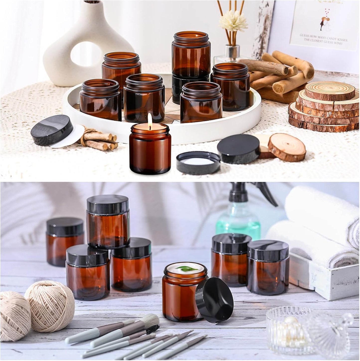 Norme 48 Pcs 4 oz Glass Jars with Lids Leakproof Round Airtight Empty Cosmetic Jars with Inner Liners Lid for Storing Lotions Powder Ointments Candle Making Tins (Black,Amber)