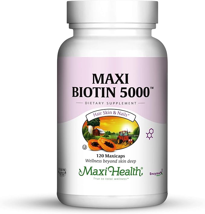 Maxi Health Biotin 5000 mcg – Hair Growth Supplement for Health and Beauty – Hair, Skin & Nails Vitamins – 120 Vegetable Capsules