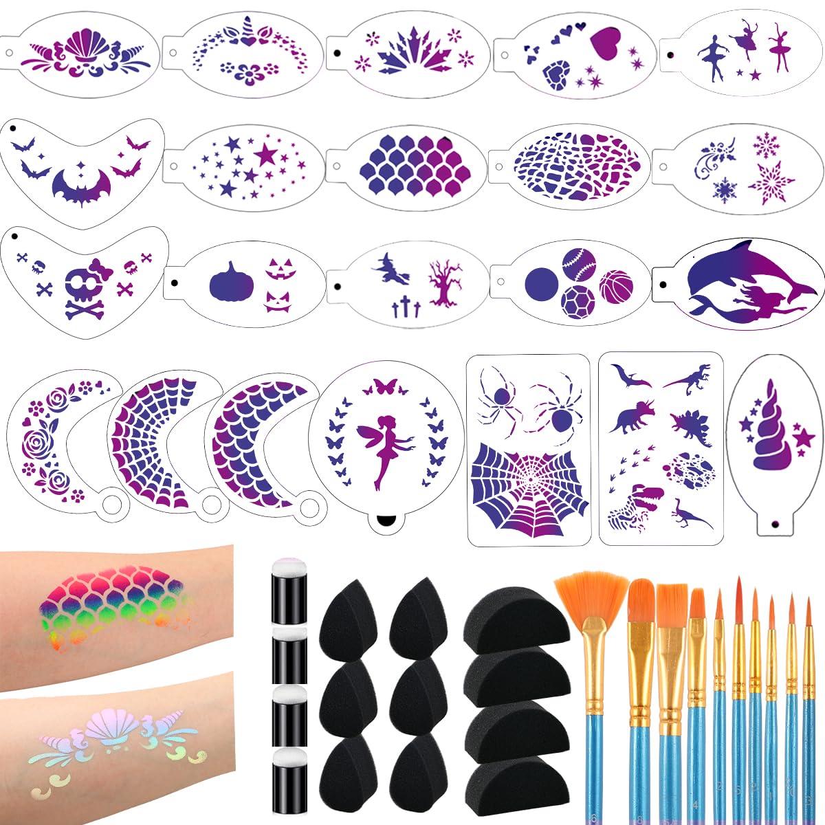 46 pcs Face Paint Stencils Kit,22 Pcs Reusable Facial Painting Stencils Reusable Body Paint Templates with 10 pcs Brushes,14 pcs Sponges for Party Halloween Makeup Depvision Face Paint Accessory Kit