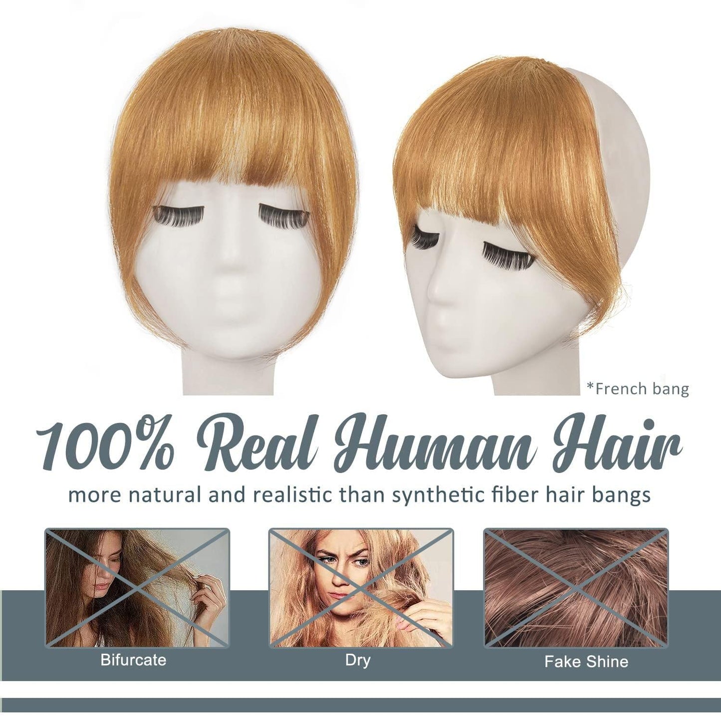 BARSDAR Human Hair Clip in Bangs - Real Human Hair Clip in Bangs for Women - Golden Blonde French Bangs Extensions Fringe with Temples Dyeable Real Hair Bangs Hairpieces - Dark Golden Blonde