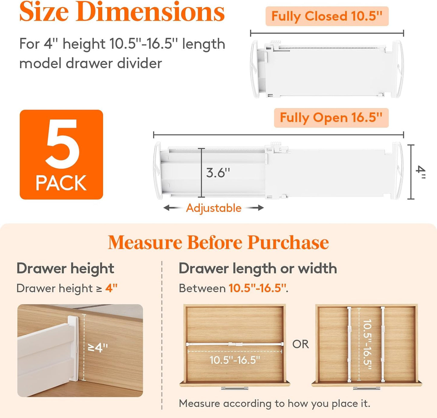 Lifewit 5 Pack Drawer Dividers 4" High, 10.5-16.5" Dresser Drawer Divider, Adjustable Drawer Organizers for Clothes, Plastic Drawers Separators for Dresser, Bedroom, Bathroom, Kitchen, Office