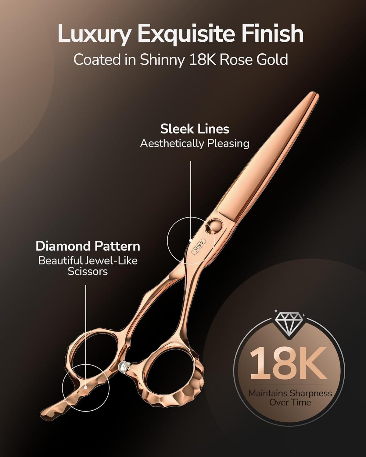 ULG Professional Hair Cutting Scissors with Luxury 18K Rose Gold Finish 6.5" Barber Scissors 440C Japanese Stainless Steel Hand-Honed Razor Sharp Blades Offset Handles Tension Adjustable, Right-Handed