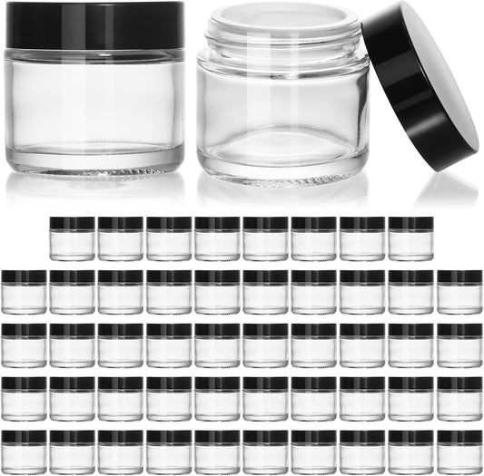 KEYWING 2 oz Small Glass Jars with Black Lids, 48 Pack Clear Glass Cosmetic Jars, Empty Sample Container with Inner Liners for Lotions, Cream, Ointments and Powders