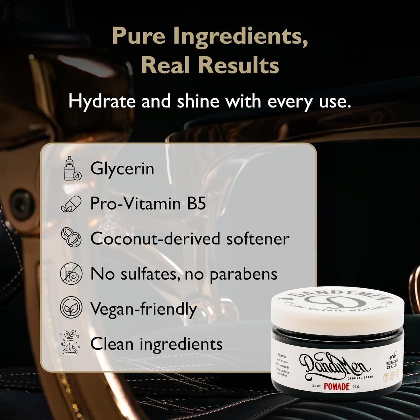 Pomade – Strong Hold, High Shine, and Hydrating Formula with Pro-Vitamin B5 – Tobacco Vanilla Scent – 4 oz