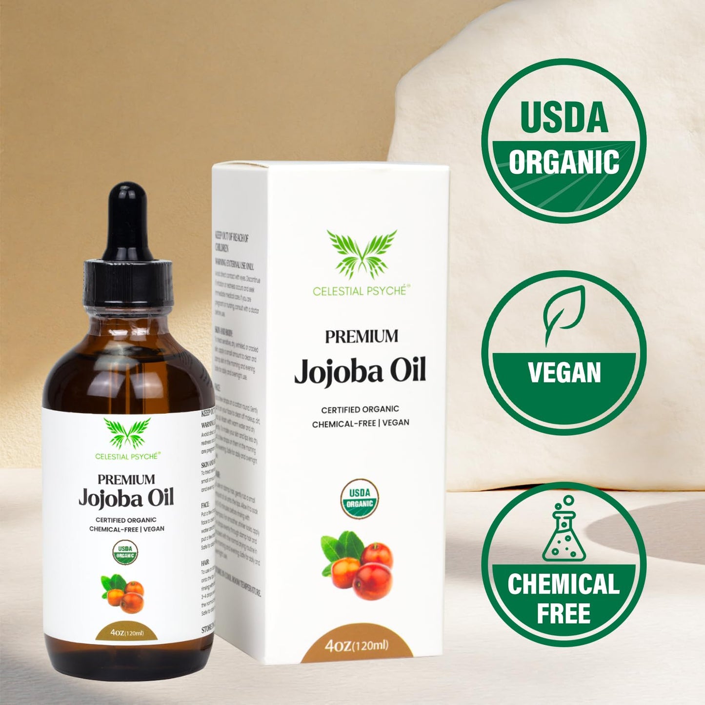 USDA Certified Organic Jojoba Oil (4 Oz) 100% Pure Natural, Chemical-Free, Hexane-Free, Hair Growth, Scalp Care, Skin Hydration, Nails Natural Beauty Enhancement, Anti-Aging