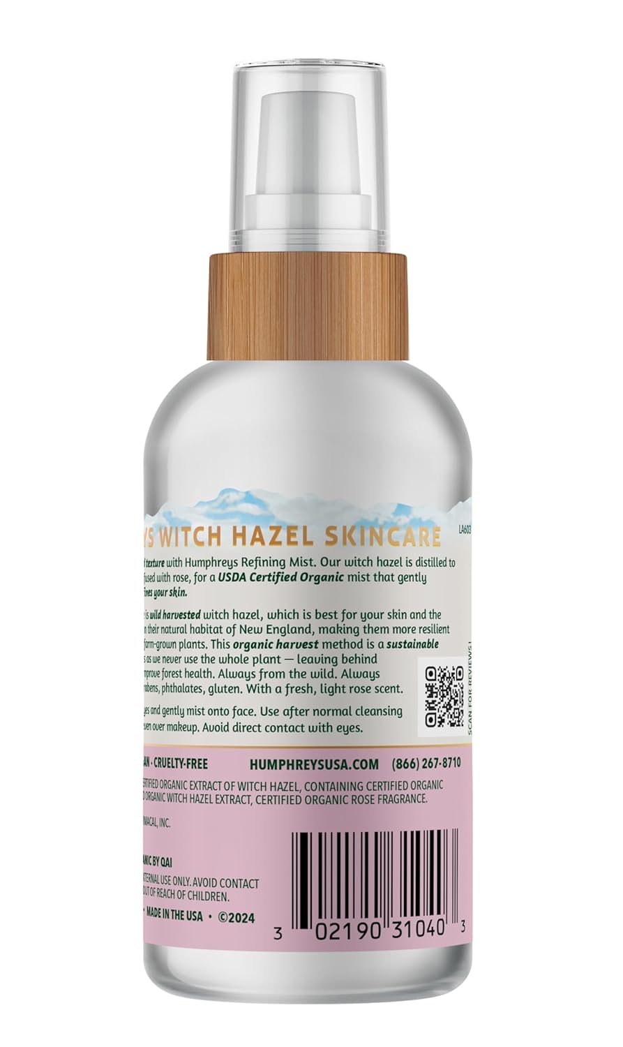 Humphreys Witch Hazel Refining Toner Mist Spray | Pore-Refining Facial Toner | USDA Organic| Soothing Rose Water | Travel Size 3.3 Fl Oz | Vegan & Cruelty-Free | for All Skin Types