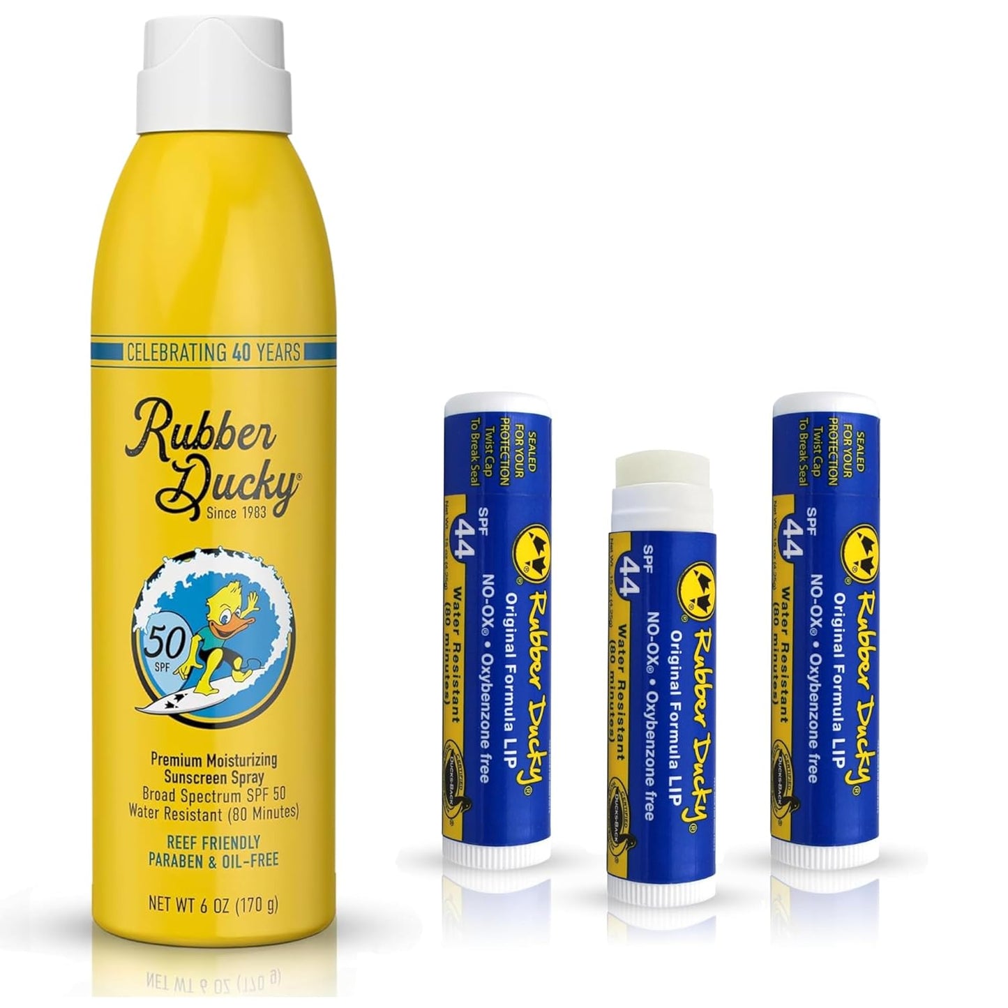 Rubber Ducky SPF 50 Sunscreen Spray 6oz + SPF 44 Lip Balm Vanilla 3 Pack