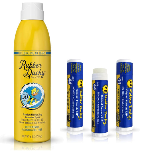 Rubber Ducky SPF 50 Sunscreen Spray 6oz + SPF 44 Lip Balm Vanilla 3 Pack