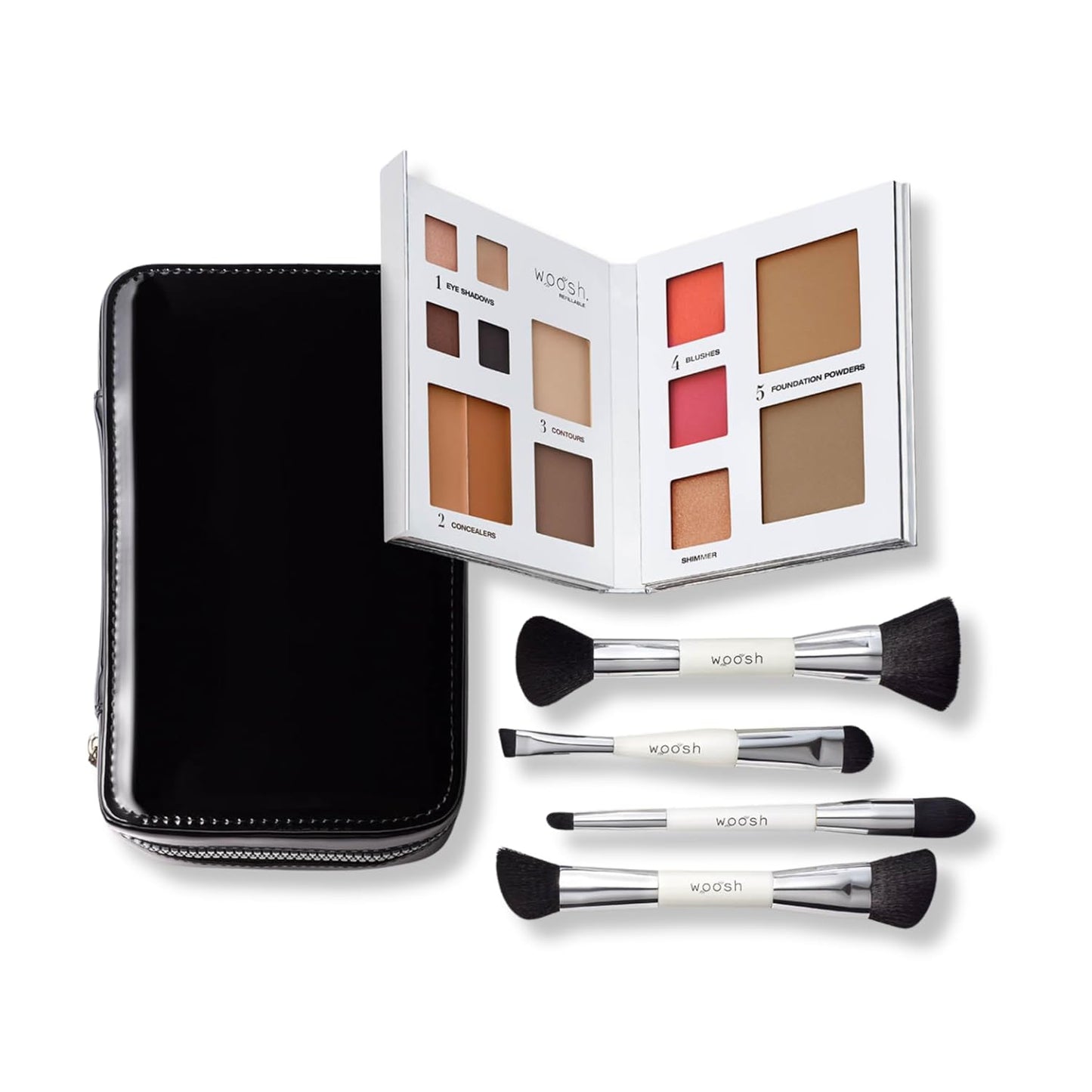 Woosh Beauty, Jetsetter Bundle in #4 Medium Deep, Fold out Face Original, Essential Brush Set, Travel Case in Black