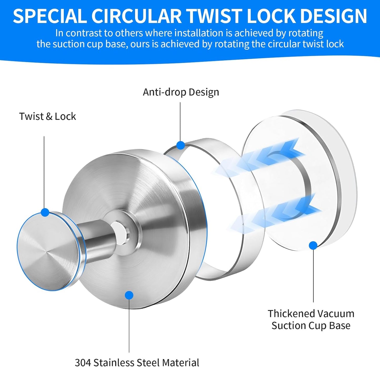 Suction Cup Hooks for Shower No Drill - Heavy Duty Stainless Steel Bathroom Hooks, Wall Mounted for Towels, Robes, Loofah - Works on Tile, Glass, Mirror, Kitchen (White, 4 Pack)