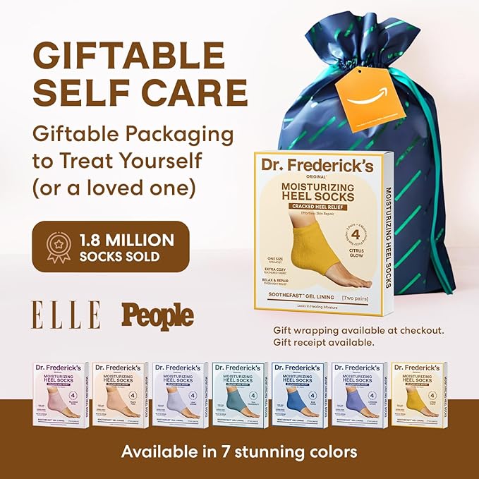 Dr. Frederick's Original Moisturizing Fuzzy Heel Socks - 2 Pairs - Cozy Gel-Lined Sleep Socks for Women & Men - Soothes Dry, Cracked Feet - Heel Repair - Citrus Glow