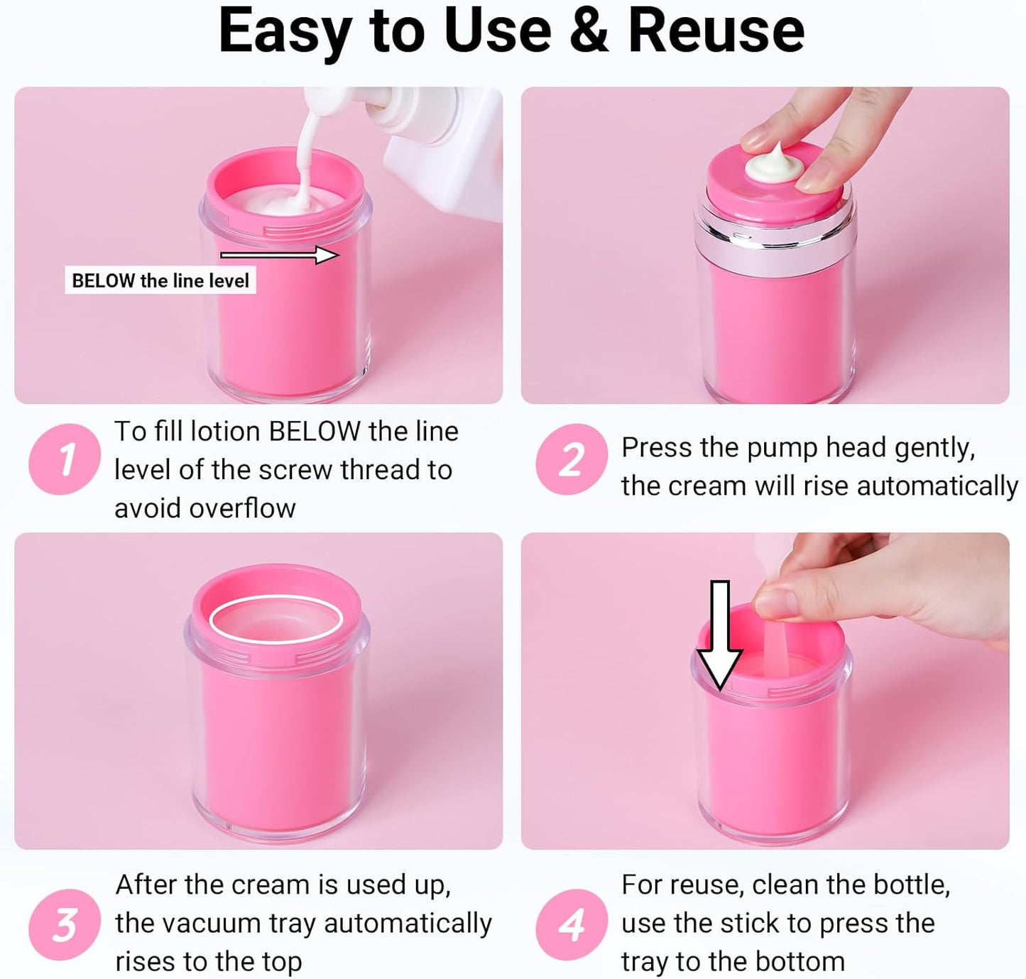 Segbeauty Airless Jar 3.4oz Travel Bottles for Toiletries, 3pcs Refillable Travel Size Lotion Jar Containers, 100ml Pink Plastic Cream Jars with Lids, Vacuum Empty Pump Bottles Dispenser for Makeup