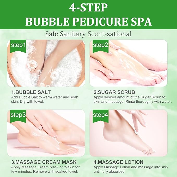 Pedicure Kit Foot Soak Set: Bubble Salt, Sugar Scrub, Massage Mask, Massage Lotion in a Box, 4 Step Foot Spa Kit for Dry Feet,Tired Feet (1 Set Olive)