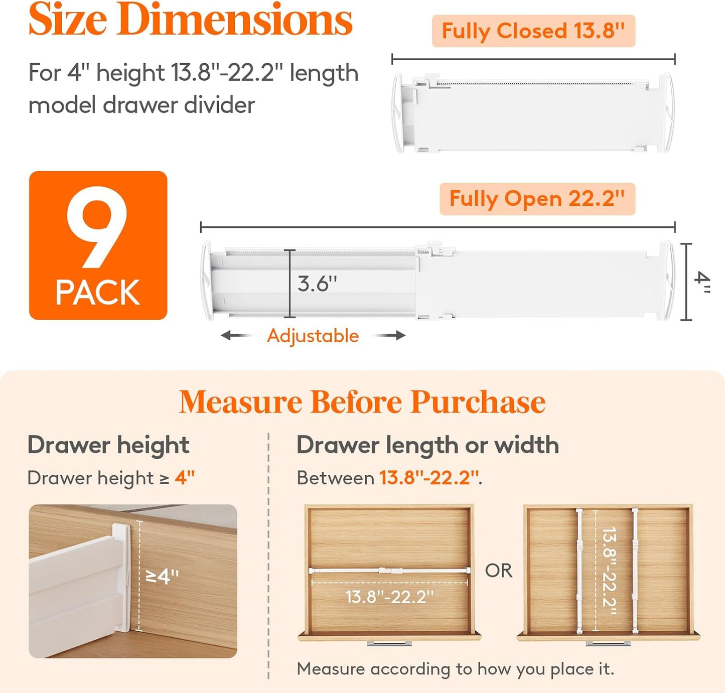 Lifewit 9 Pack Drawer Dividers 4" High, 13.8-22.5" Dresser Drawer Divider, Adjustable Drawer Organizers for Clothes, Plastic Drawers Separators for Dresser, Bedroom, Bathroom, Kitchen, Office