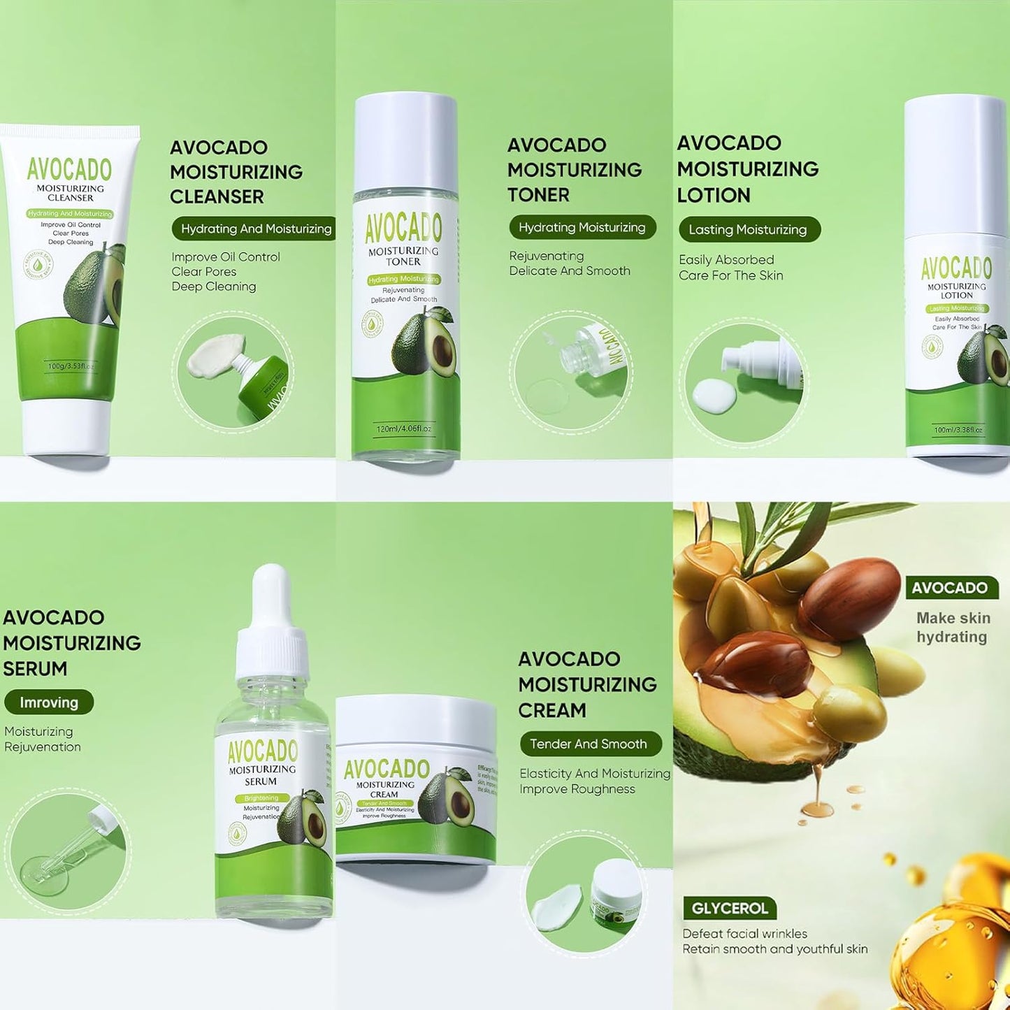 5PCS Avocado Skincare Set for Women, Facial Care Kit with Cleanser, Toner, Serum, Lotion & Cream – Moisturizing & Nourishing Skin Care Gifts for Teens & Women, Daily Hydrating Facial Set