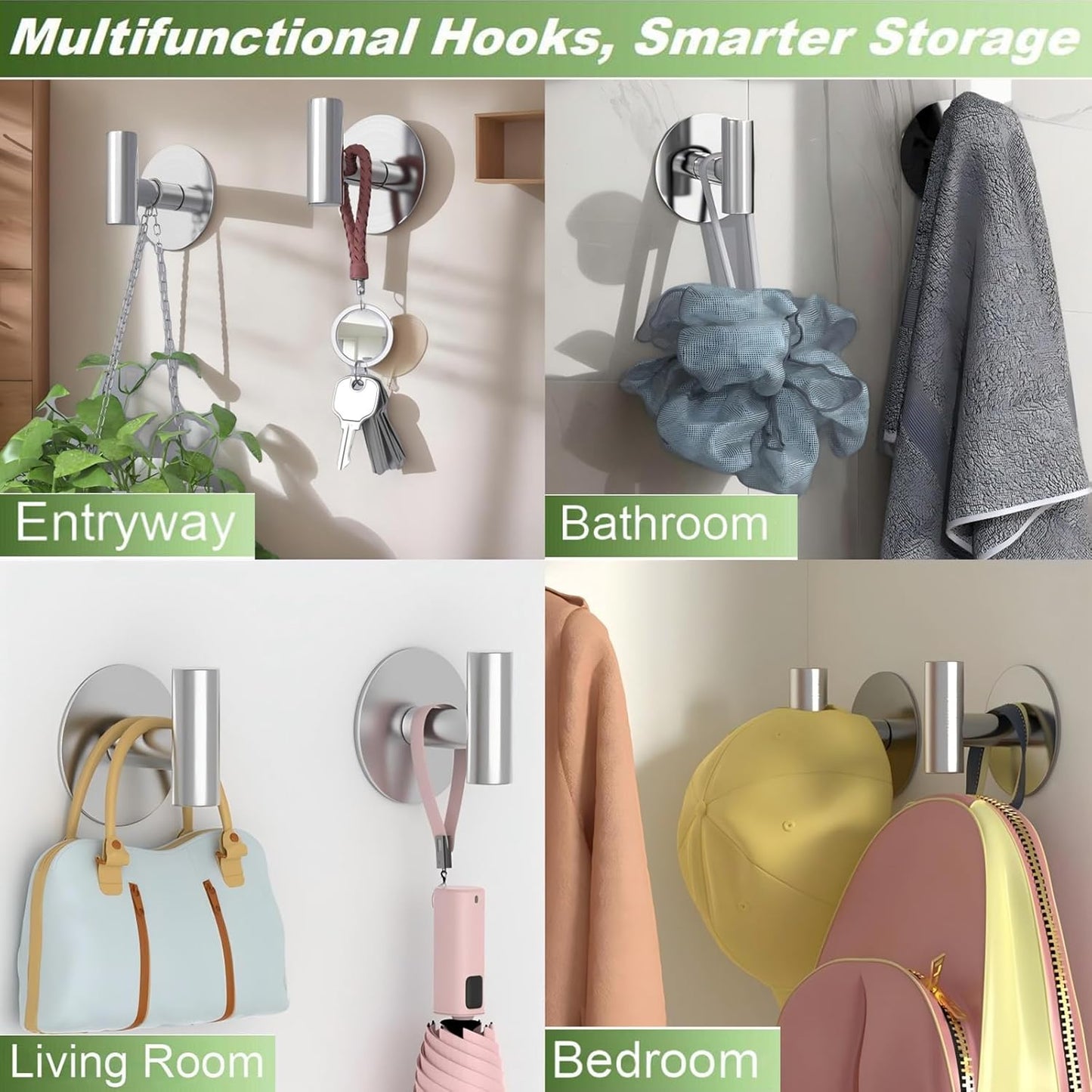 Heavy Duty Self-Adhesive Coat Hooks, Stainless Steel Towel Hooks for Bags, Towels, Robes, Hats, Aprons – No Drill Bathroom, Kitchen, Hotel Wall Hooks (2 Pack, Silver)