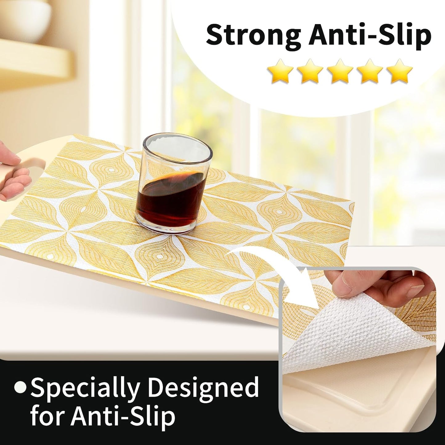 Shelf Liners for Kitchen Cabinets 23.62in x 39.5FT, Non Adhesive Cabinet Liner Strong Non-Slip Golden Leaf Drawer Liner, Easy to Clean for Shelf, Cabinet with Knife and Tape Measure
