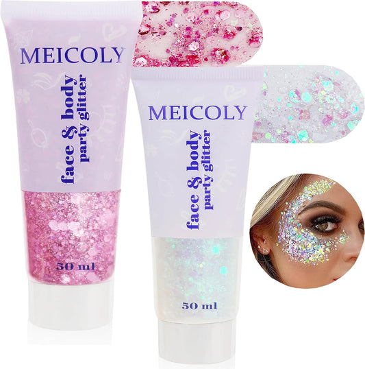 MEICOLY Pink and Clear White Face Body Glitter Set,Pink Face Glitter Gel,Singer Concerts Festival Rave Accessories,Glitter Face Paint for Women Kids,Mermaid Glitter Makeup,Body Glitter for Women