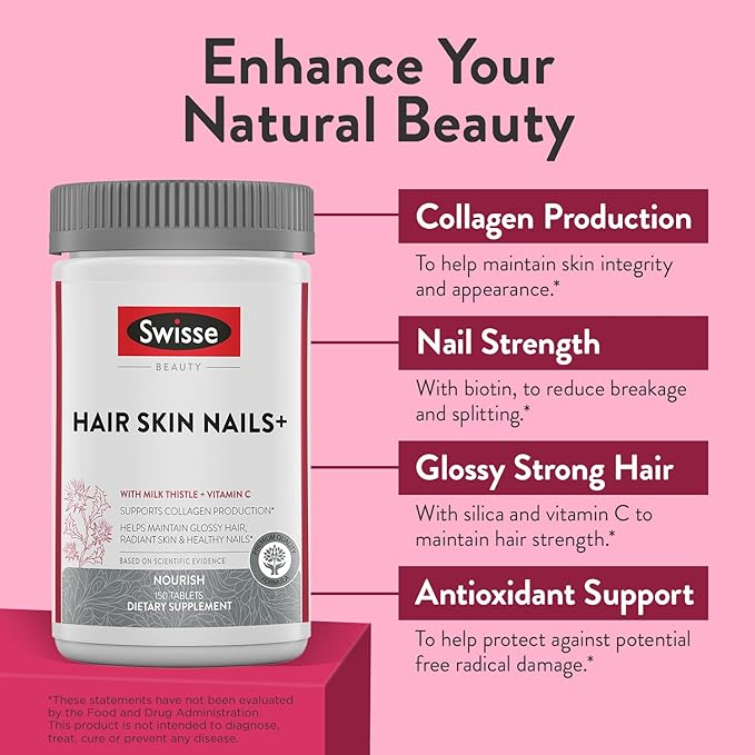 Swisse Biotin Hair Skin and Nails Supplement for Women & Men |5 Months Supply| Milk Thistle, Biotin, Vitamin C, Zinc & Iron| Supports Hair Growth &Collagen Production |Collagen Supplement| 150 Tablets