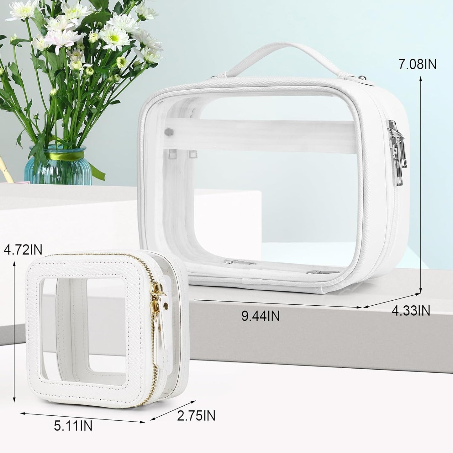 Pinkmik Travel Makeup Bag Set Portable Clear Cosmetic & Toiletry Case Women's Purse Organizer and Car Essentials with Zipper (White, M+MINI-2)