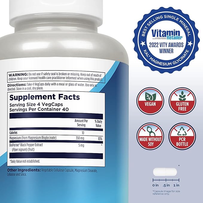 KAL Magnesium Glycinate Capsules, Fully Chelated Magnesium Bisglycinate, High Absorption Magnesium Supplement, Healthy Bones, Muscle, Relaxation and Stress Support, Non-GMO 160 count