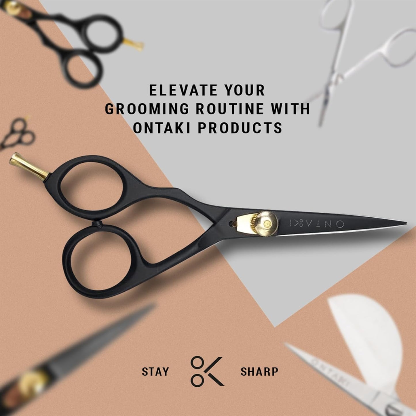 Ontaki Hair Cutting Scissors - 5.5 in, Ergonomic Black, Left Handed - 420C Japanese Steel Beard & Mustache Scissors with Mustache Comb & Pouch & Barber Shears