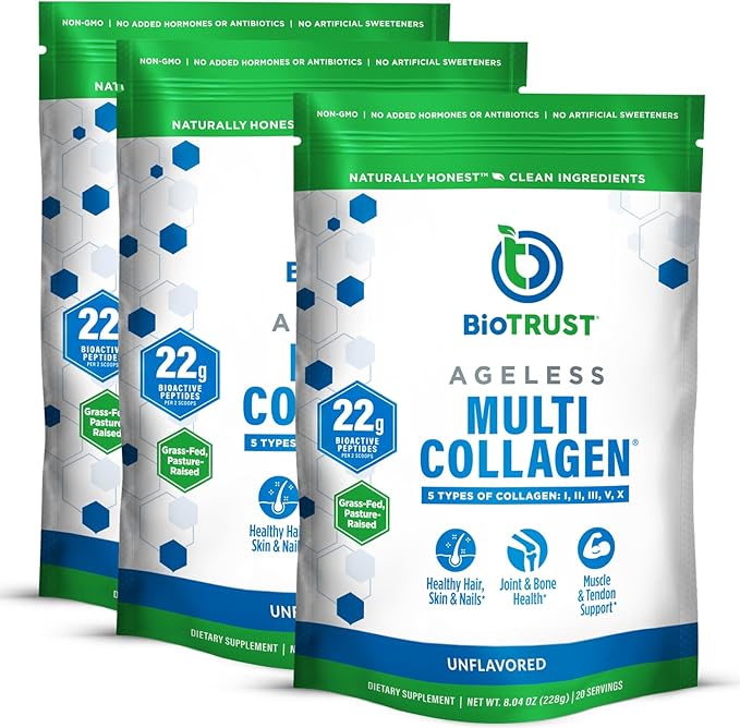 BioTrust Ageless Multi Collagen Peptides Powder – 5 Types (I, II, III, V, X) – Unflavored Collagen Powder for Women & Men – Hydrolyzed Protein – Grass Fed Beef, Fish, Chicken, Eggshell Membrane, 3-pk