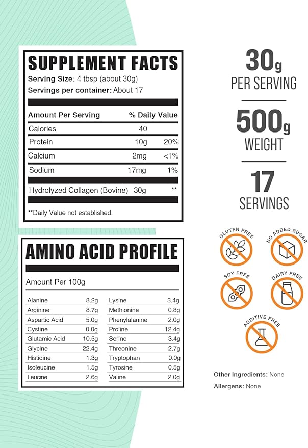 BulkSupplements.com Collagen Peptides Powder - Bovine Collagen Powder, Powdered Collagen Supplement - Hydrolyzed & Gluten Free, 30g per Serving, 500g (1.1 lbs) (Pack of 1)