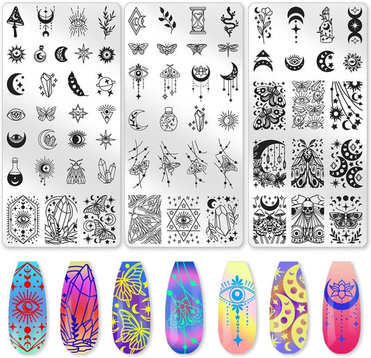 3Pcs Moth Nail Stamping Plate Set Butterfly Sun Moon Eyes Crystal Stainless Steel Nail Stamp Templates Clear Silicone Nails Stamping with Stamper Scraper for Manicure Printing
